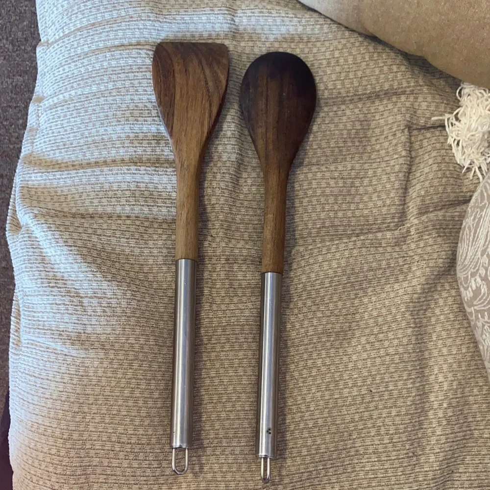 🤎EUC Wooden Spoon and Spatula Set with Stainless Handles - Brown